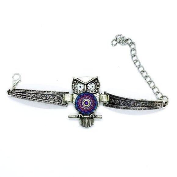 NWT Boho Owl Rhinestone Silver-Tone Bracelet - Picture 1 of 12